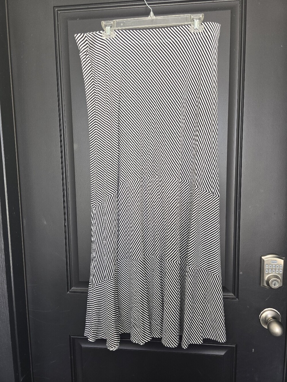 Chico's Size 2 Black White Striped Maxi Skirt Asymmetrical Tiered Stretch Pullon